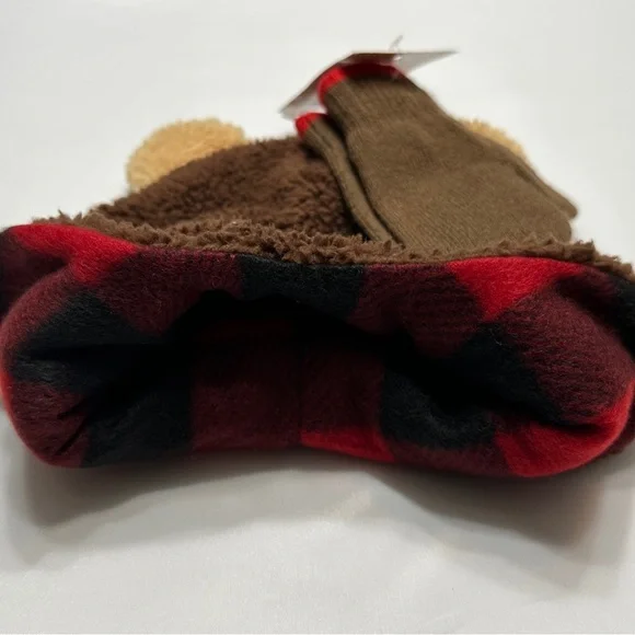 Teddy Bear Brown Kids Toddler Winter Hat and Glove Set Mitten Plaid NWT - Picture 6 of 9